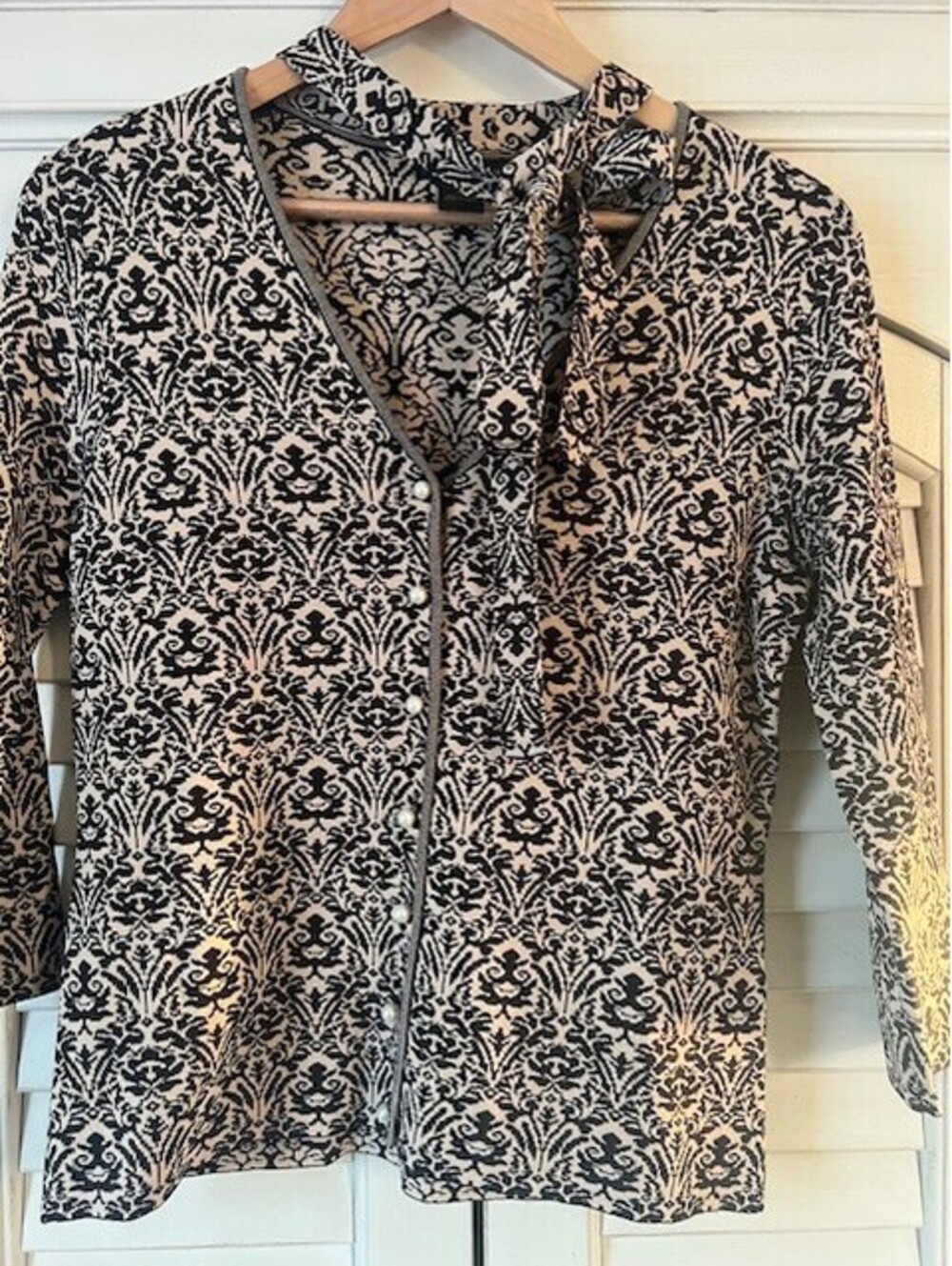 Grace Dane Lewis Cardigan Pearl Buttons and Tie Strings Brown & White - Medium